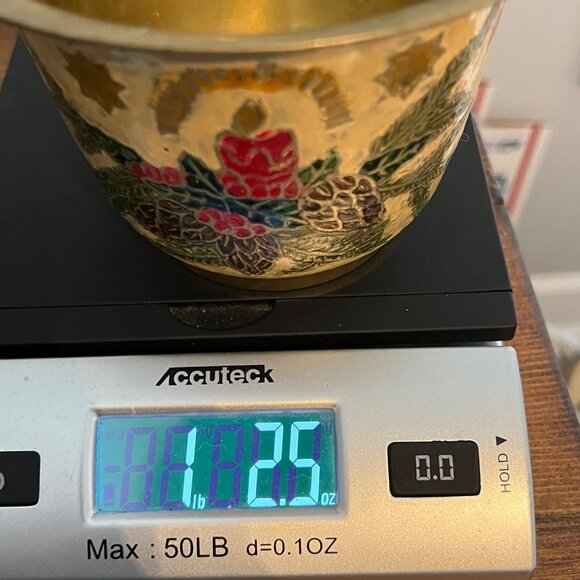 Vintage Brass Cloisonne Painted Christmas Bowl Wreath Candle Holly - Picture 11 of 11